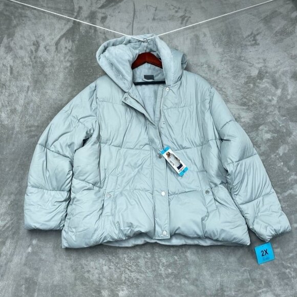 32 Degrees Heat Womens Puffer Jacket 2X Light Blue Water-Resistant Hooded c005 - Picture 1 of 6